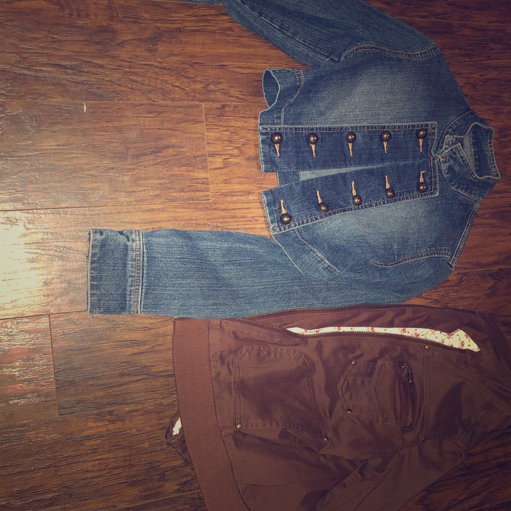 Crop jean jacket and brown jacket